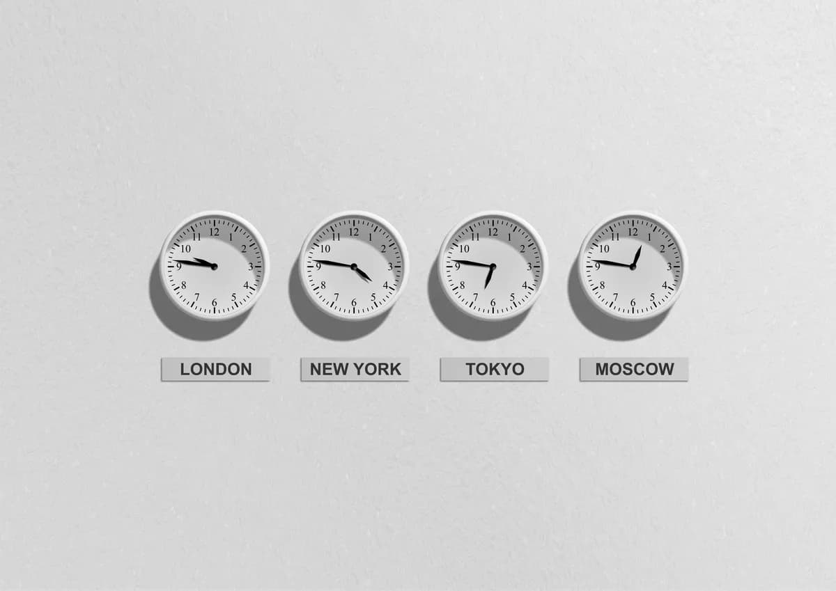 Horloges affichant Londres, New York et Tokyo, symbolisant les sessions de marché en trading