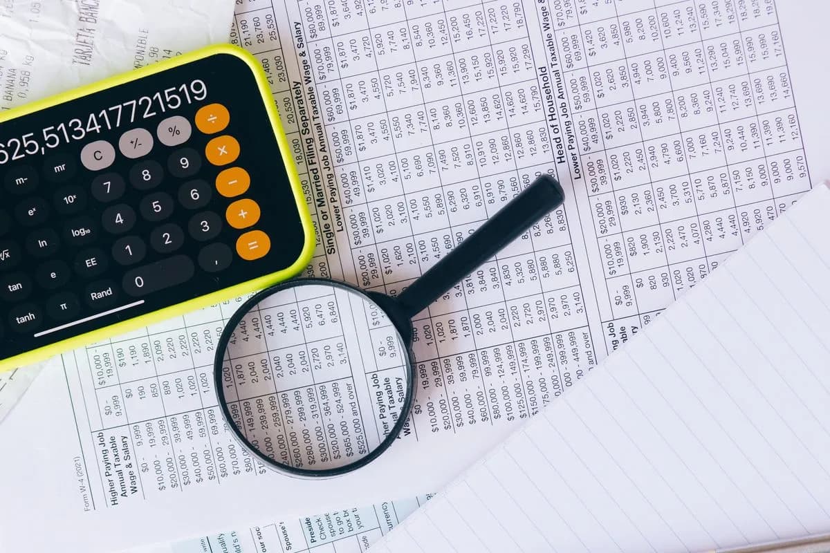 Documents financiers, calculatrice, loupe et carnet posés sur un bureau