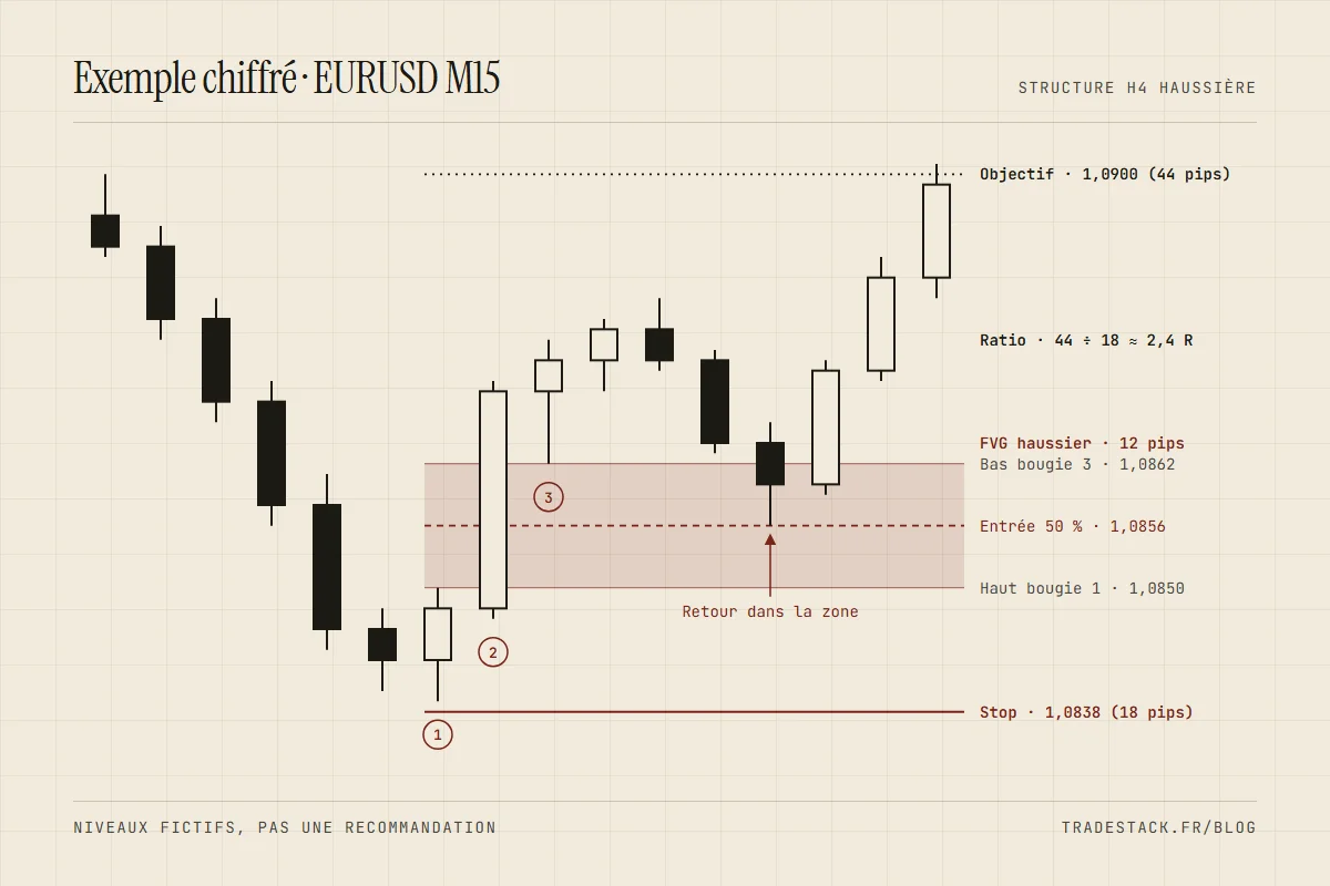 Schéma de l'exemple : FVG haussier entre 1,0850 et 1,0862 sur EURUSD M15, entrée au 50 % à 1,0856, stop à 1,0838, objectif à 1,0900